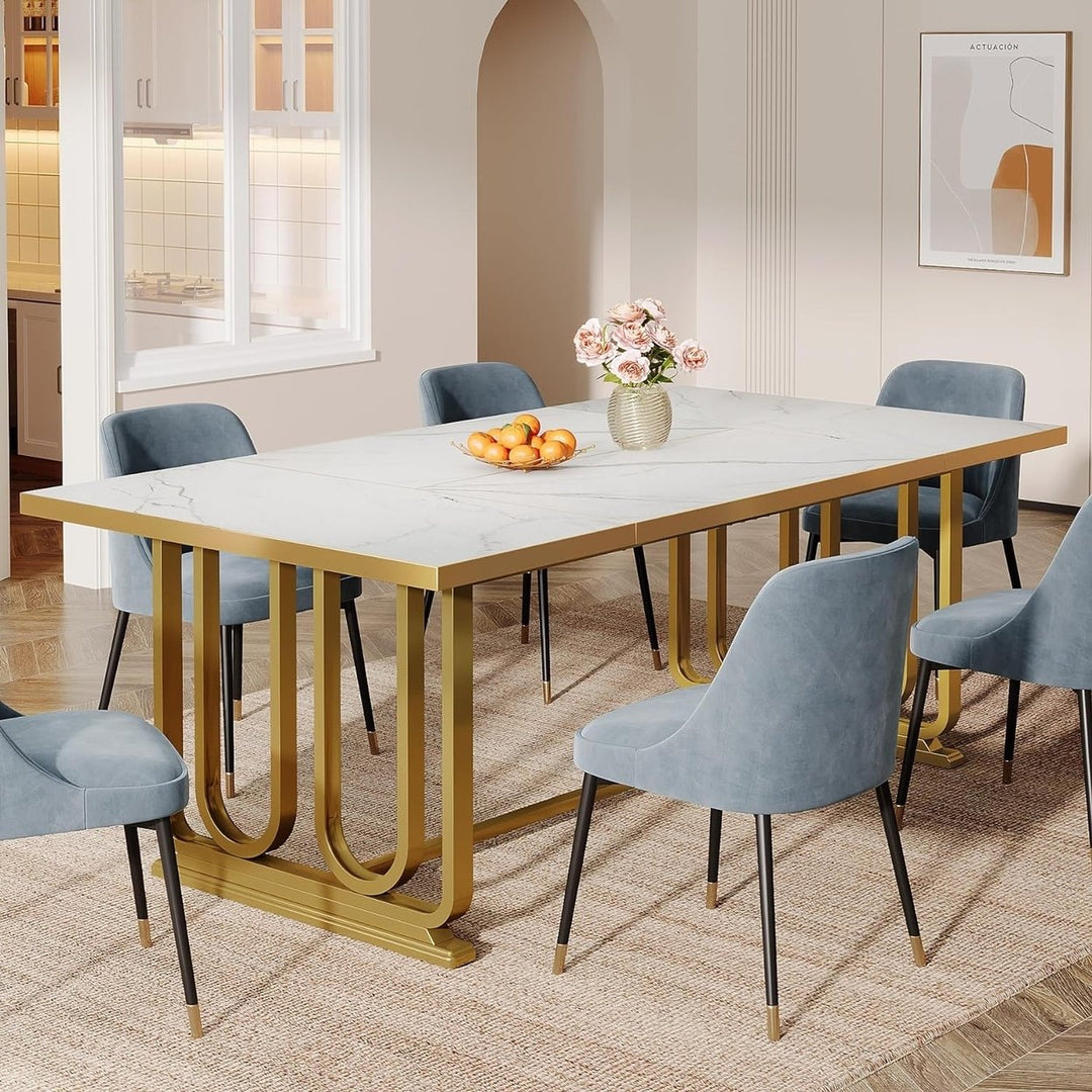 Tribesigns Modern Dining Table for 6-8, 70.87" Rectangle Wood Kitchen Table with Faux Marble Tabletop and Golden Metal Image 3