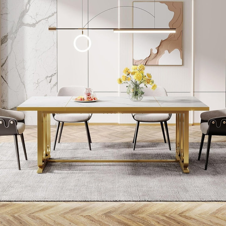 Tribesigns Modern Dining Table for 6-8, 70.87" Rectangle Wood Kitchen Table with Faux Marble Tabletop and Golden Metal Image 4