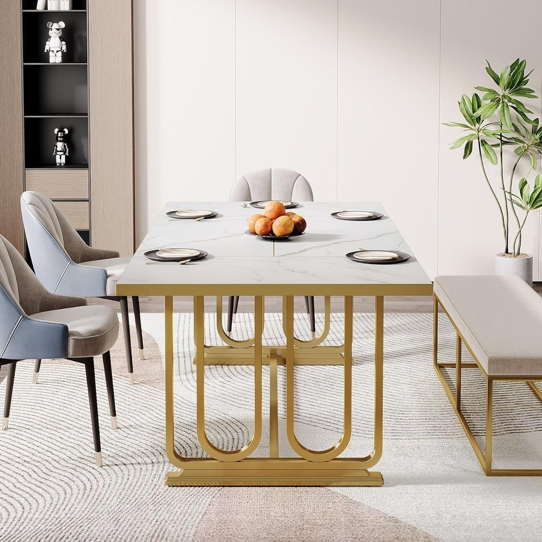 Tribesigns Modern Dining Table for 6-8, 70.87" Rectangle Wood Kitchen Table with Faux Marble Tabletop and Golden Metal Image 5