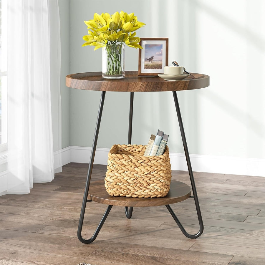 Tribesigns Round Side Table 20 Inch 2-Tier Modern Industrial Black Metal Wood Image 1