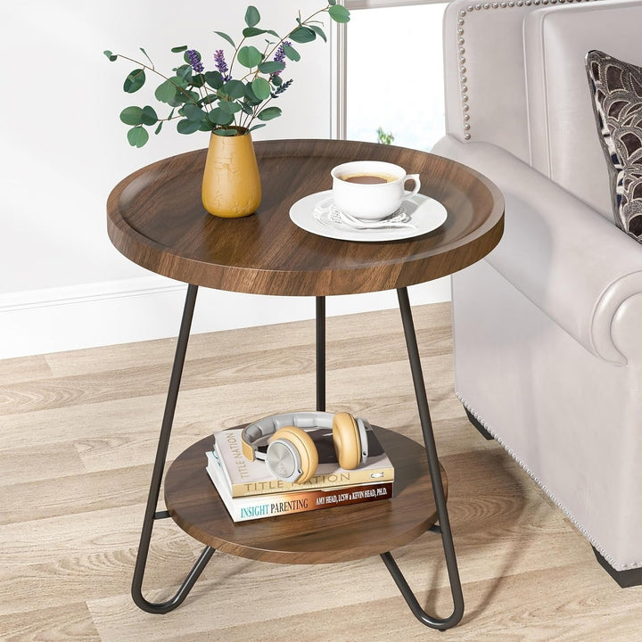 Tribesigns Round Side Table 20 Inch 2-Tier Modern Industrial Black Metal Wood Image 2