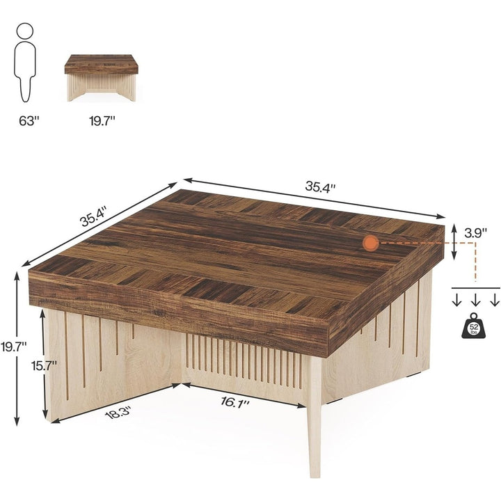 Tribesigns 35.4" Coffee Table, Square Wood Coffee Table, Farmhouse Coffee Table Center with Engraved Lines Design for Image 6