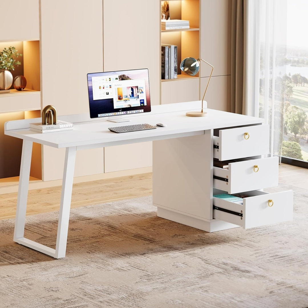 Tribesigns 55 Inch White Computer Desk with Drawers Modern Home Office Table Image 1