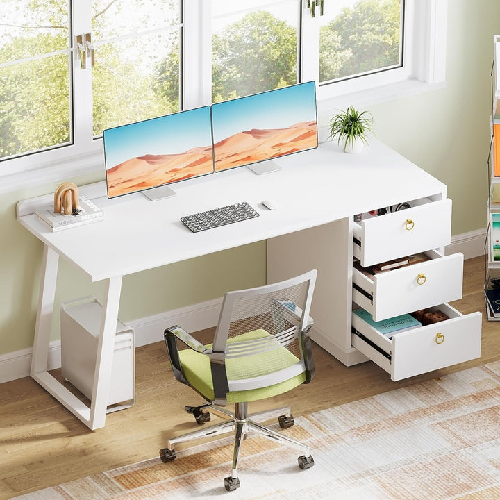 Tribesigns 55 Inch White Computer Desk with Drawers Modern Home Office Table Image 3