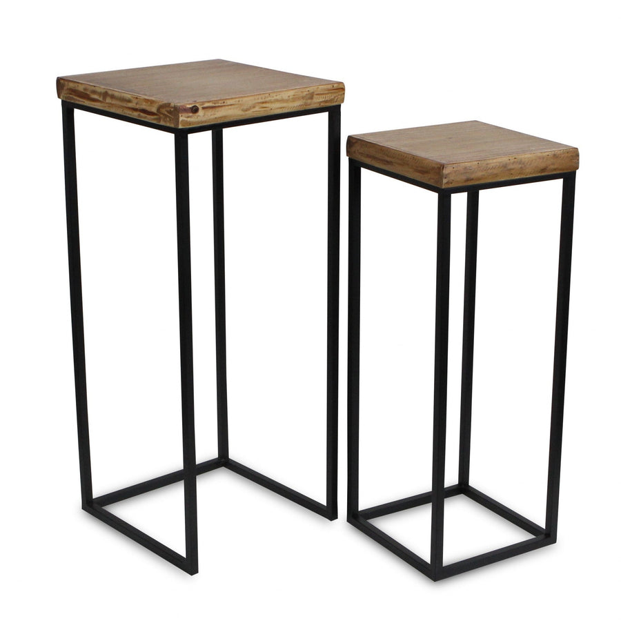 Set Of Two 29" Black And Brown Solid Wood And Steel Square Nested Tables Image 1