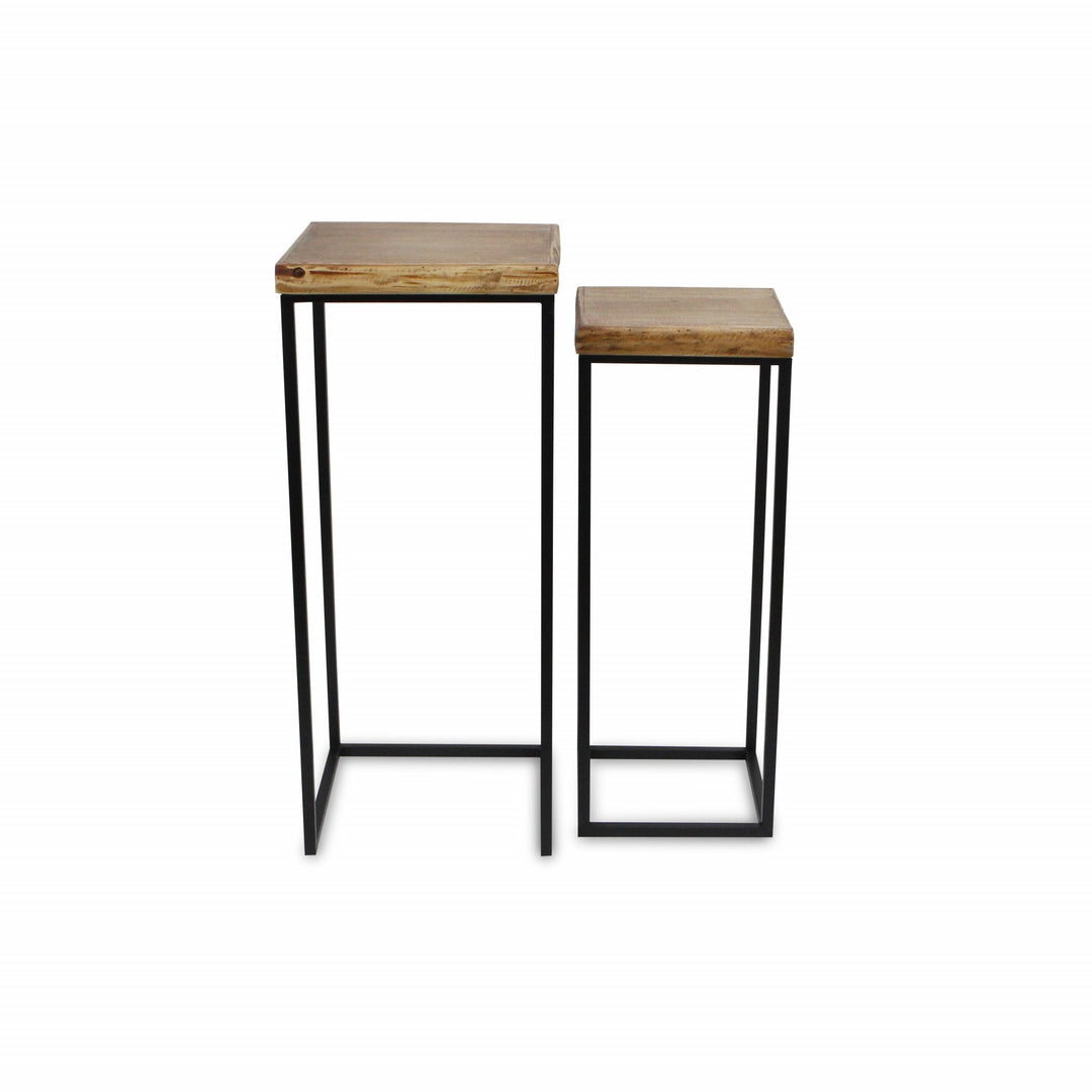 Set Of Two 29" Black And Brown Solid Wood And Steel Square Nested Tables Image 3