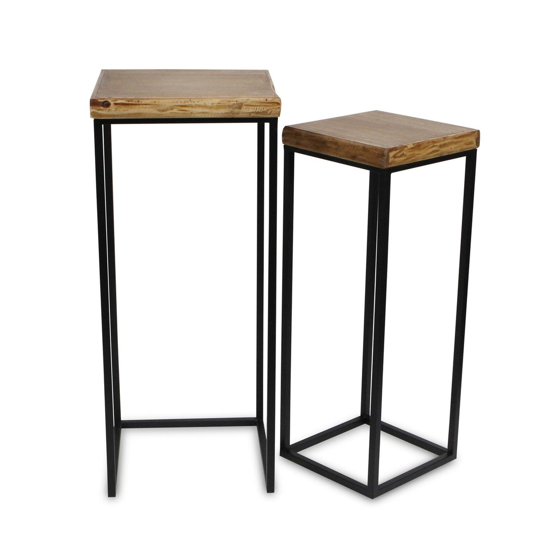 Set Of Two 29" Black And Brown Solid Wood And Steel Square Nested Tables Image 4