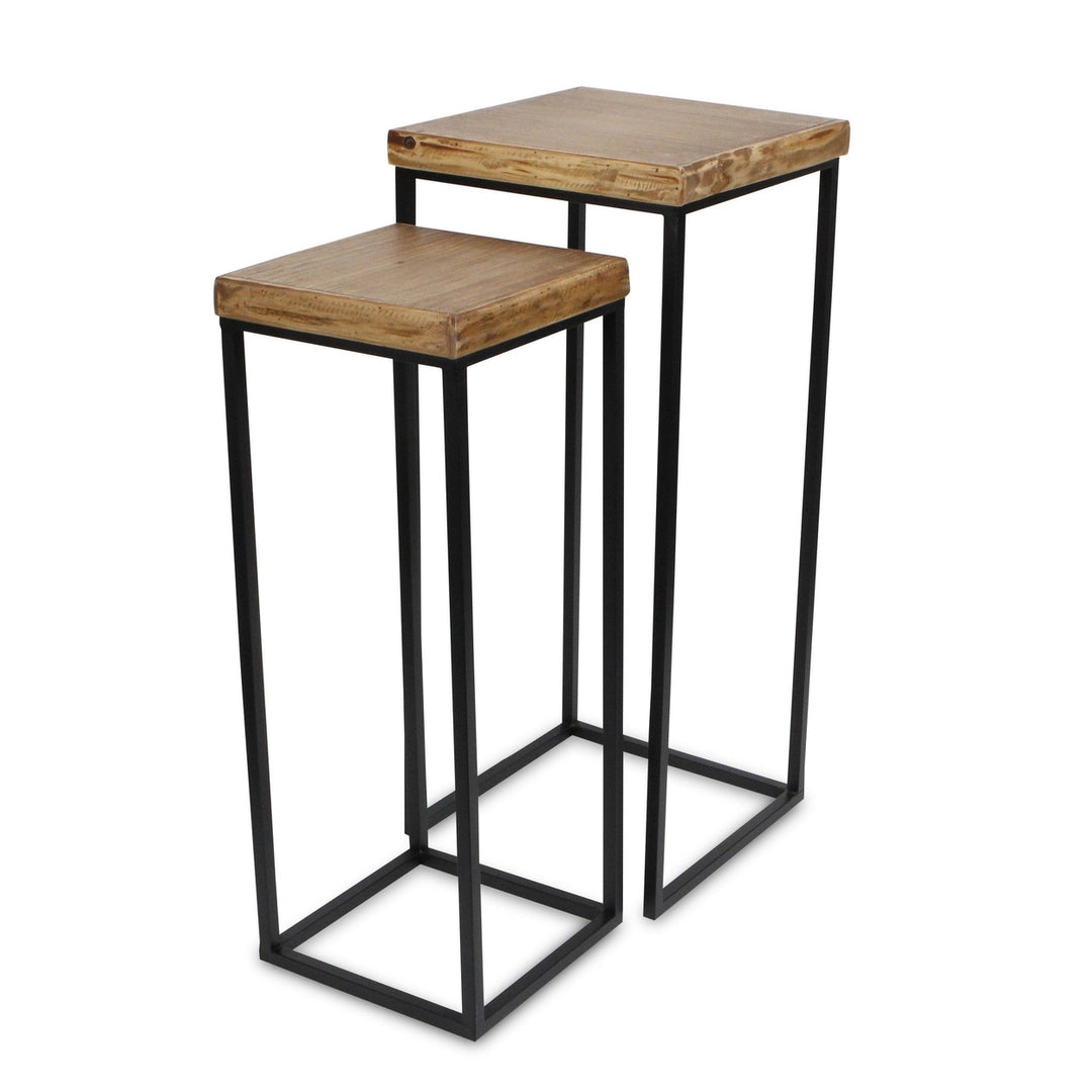 Set Of Two 29" Black And Brown Solid Wood And Steel Square Nested Tables Image 5