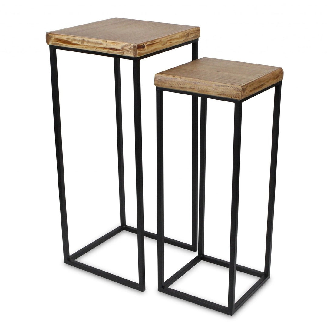 Set Of Two 29" Black And Brown Solid Wood And Steel Square Nested Tables Image 6