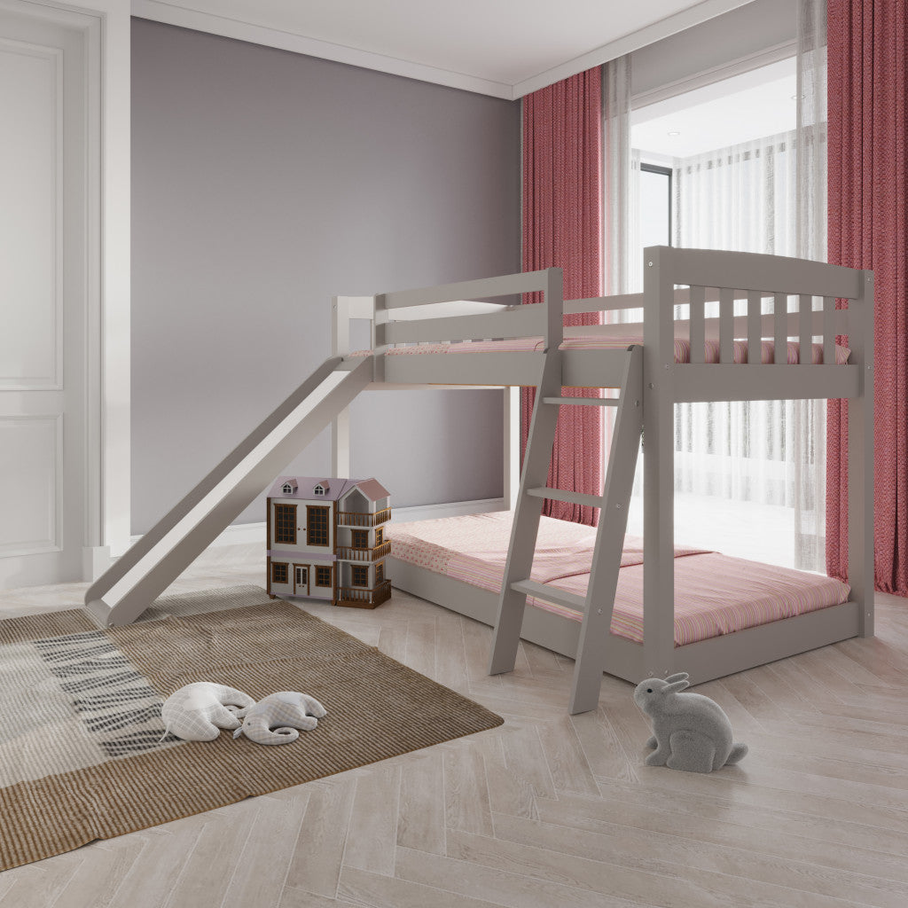 White Twin over Twin Solid Wood Bunk Bed With Slide and Ladder Image 8