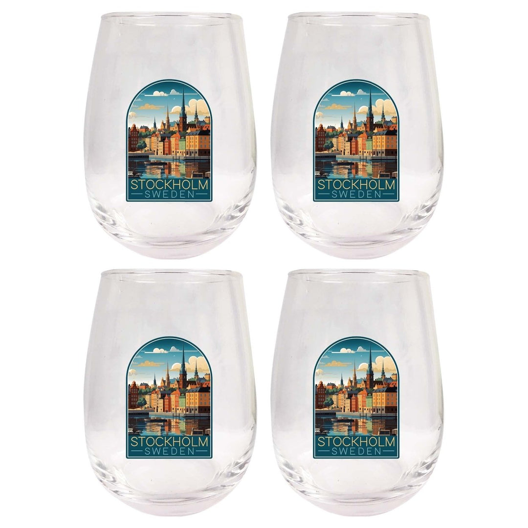 Stockholm Sweden Design A Souvenir 15 oz Stemless Wine Glass 4-Pack Image 1