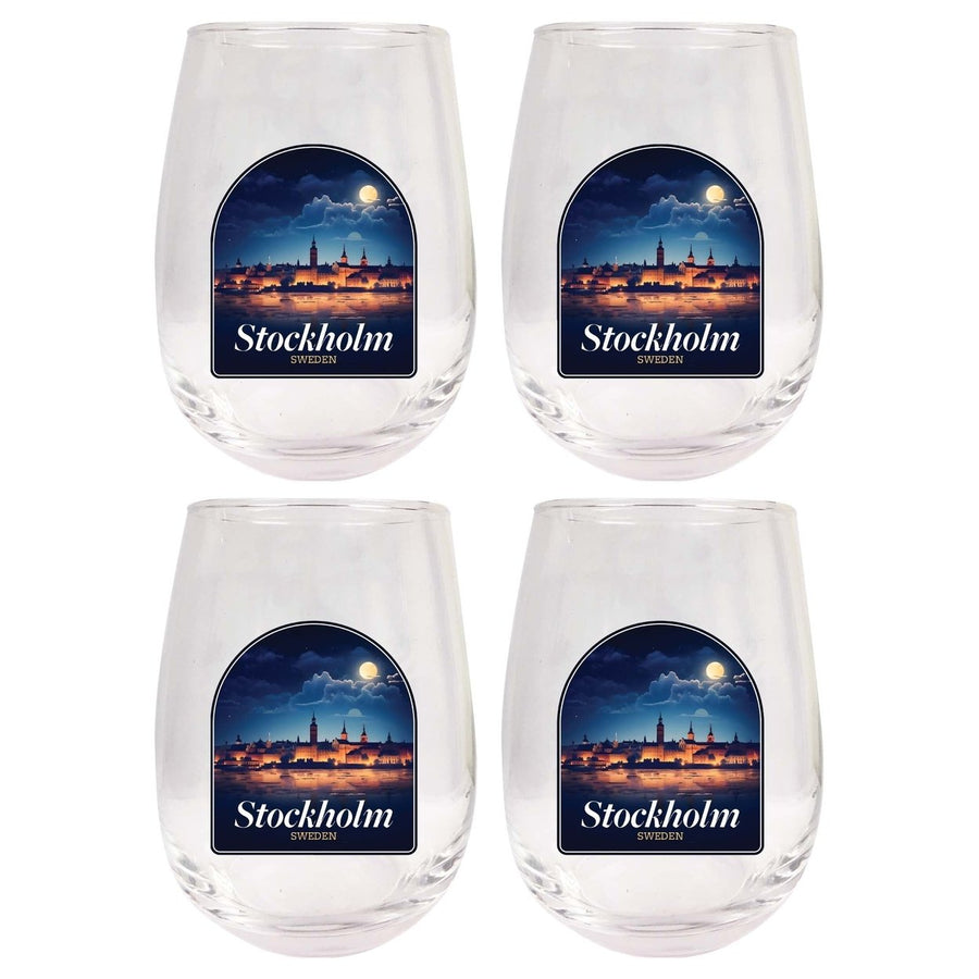 Stockholm Sweden Design B Souvenir 15 oz Stemless Wine Glass 4-Pack Image 1