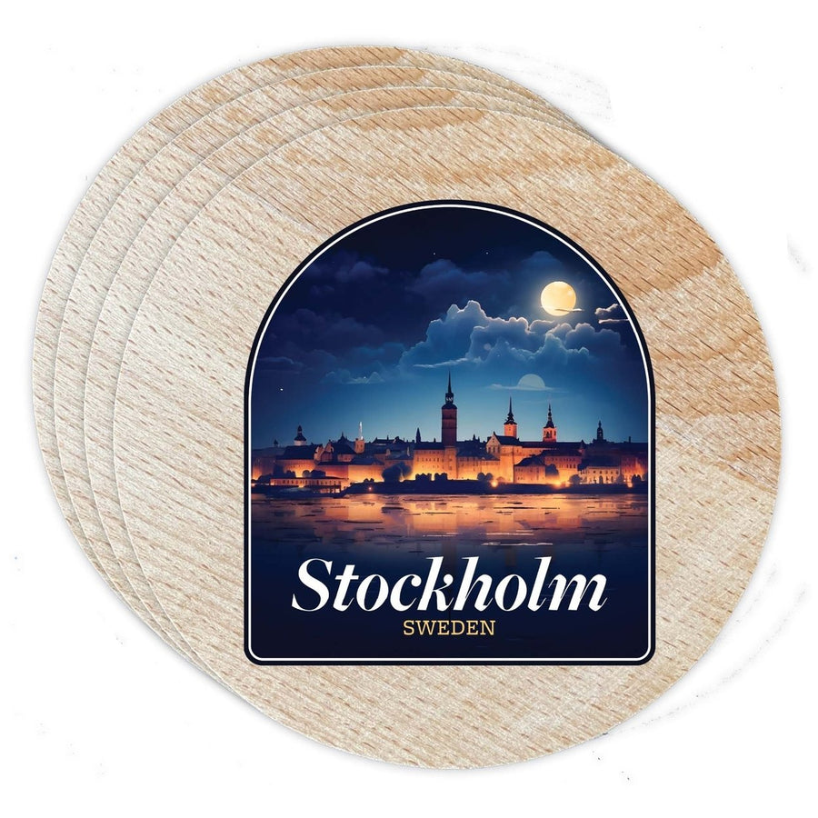 Stockholm Sweden Design B Souvenir Coaster Wooden 3.5 x 3.5-Inch 4 Pack Image 1