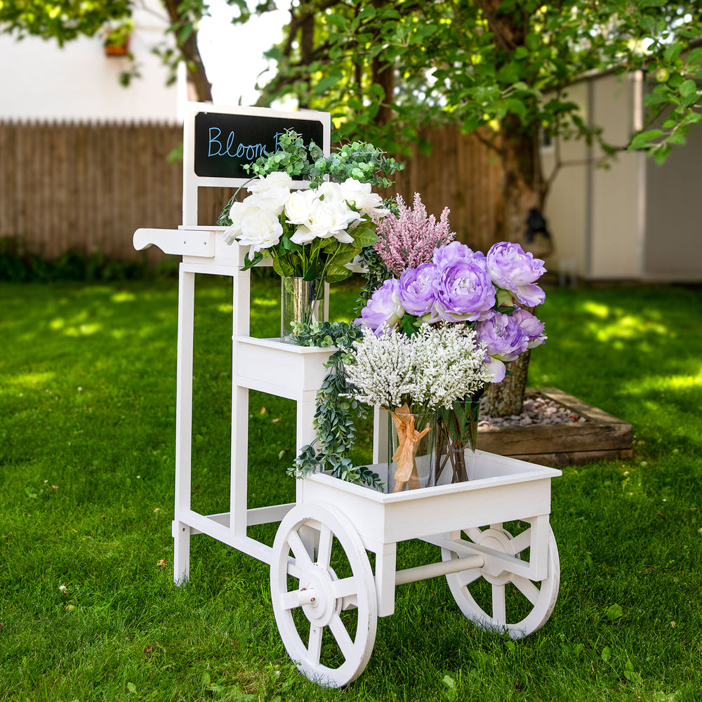 Sunnydaze 3-Tiered Fir Wood Plant Stand with Chalkboard - White Image 2