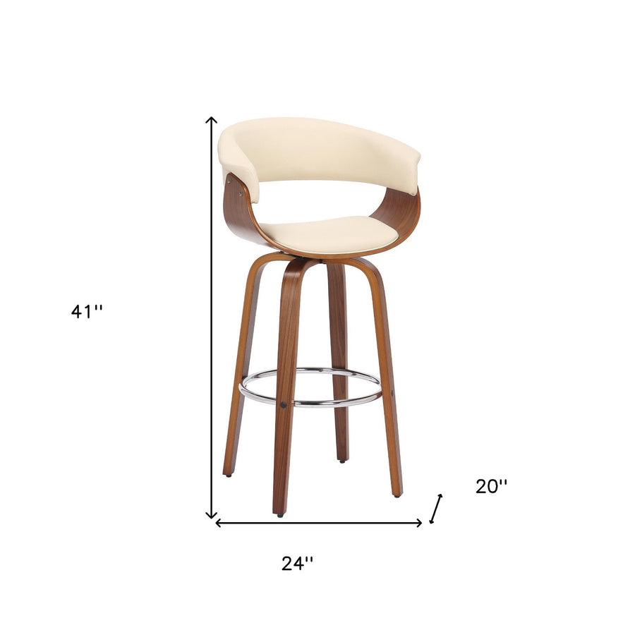 31" Cream And Brown Faux Leather And Solid Wood Swivel Low Back Bar Height Bar Chair Image 1