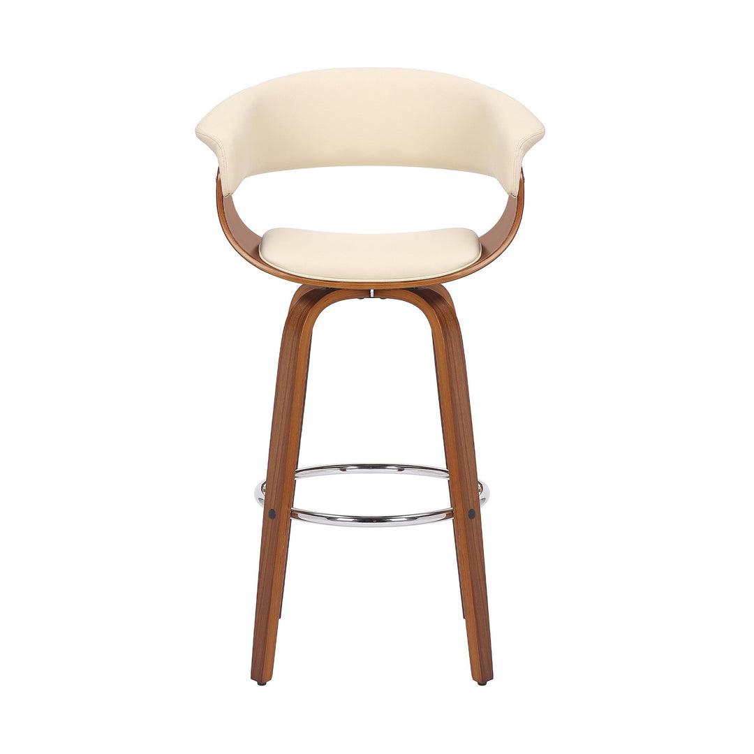 31" Cream And Brown Faux Leather And Solid Wood Swivel Low Back Bar Height Bar Chair Image 4