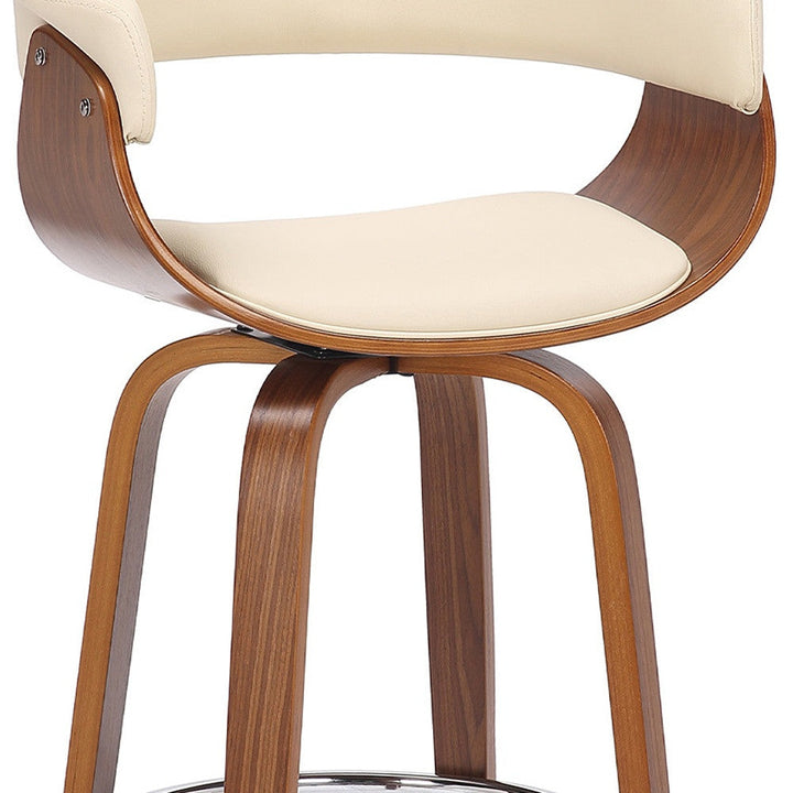 31" Cream And Brown Faux Leather And Solid Wood Swivel Low Back Bar Height Bar Chair Image 12