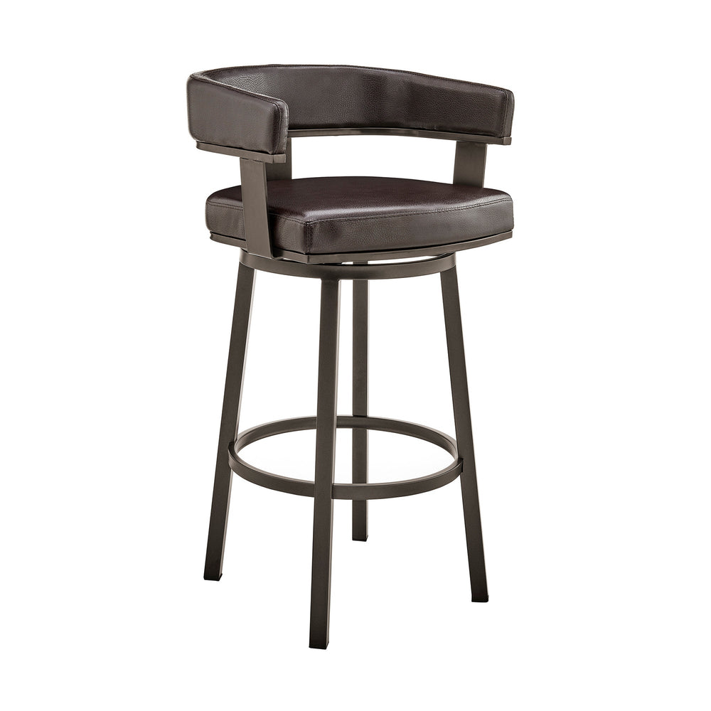 30" Chocolate And Gray Faux Leather And Iron Swivel Low Back Bar Height Bar Chair Image 2