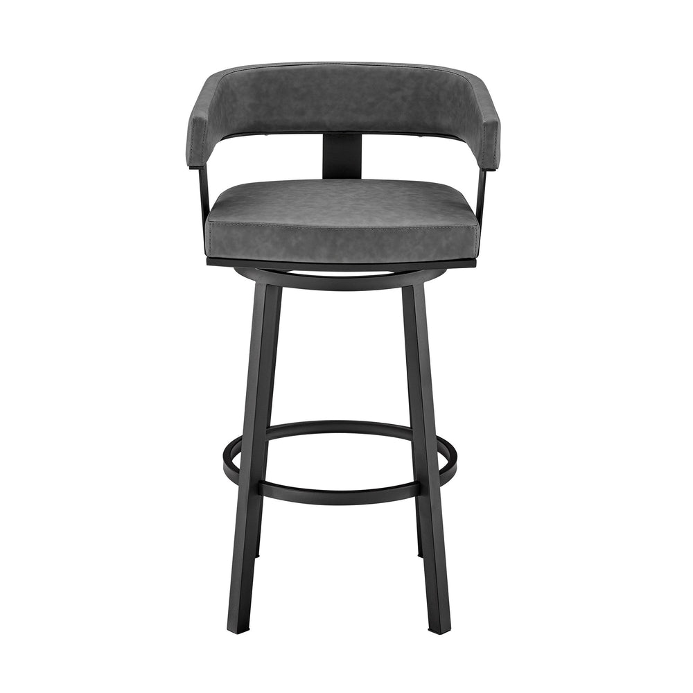 30" Gray And Black Faux Leather And Iron Swivel Low Back Bar Height Bar Chair Image 2