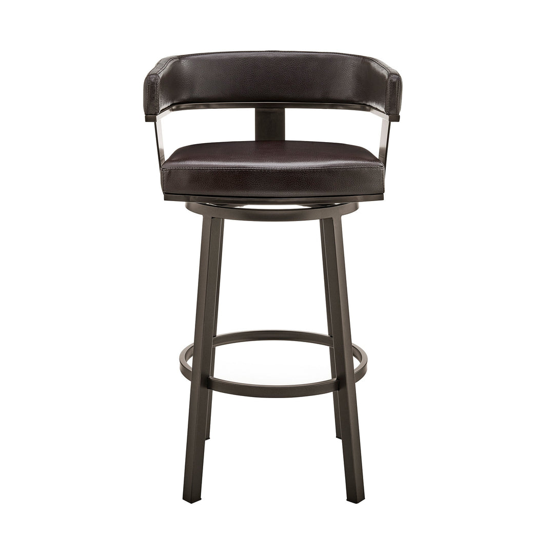 30" Chocolate And Gray Faux Leather And Iron Swivel Low Back Bar Height Bar Chair Image 4