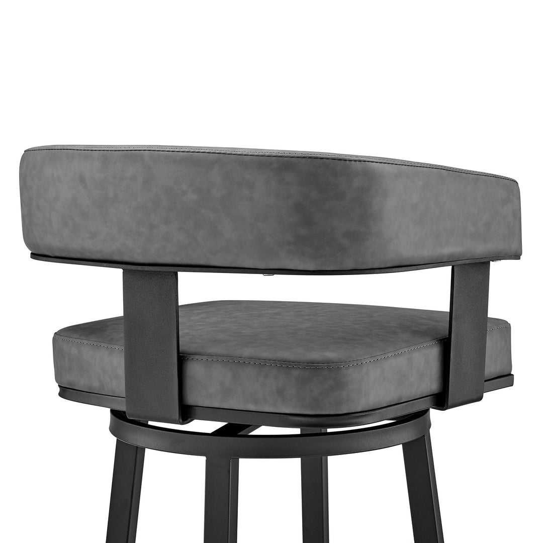 30" Gray And Black Faux Leather And Iron Swivel Low Back Bar Height Bar Chair Image 6