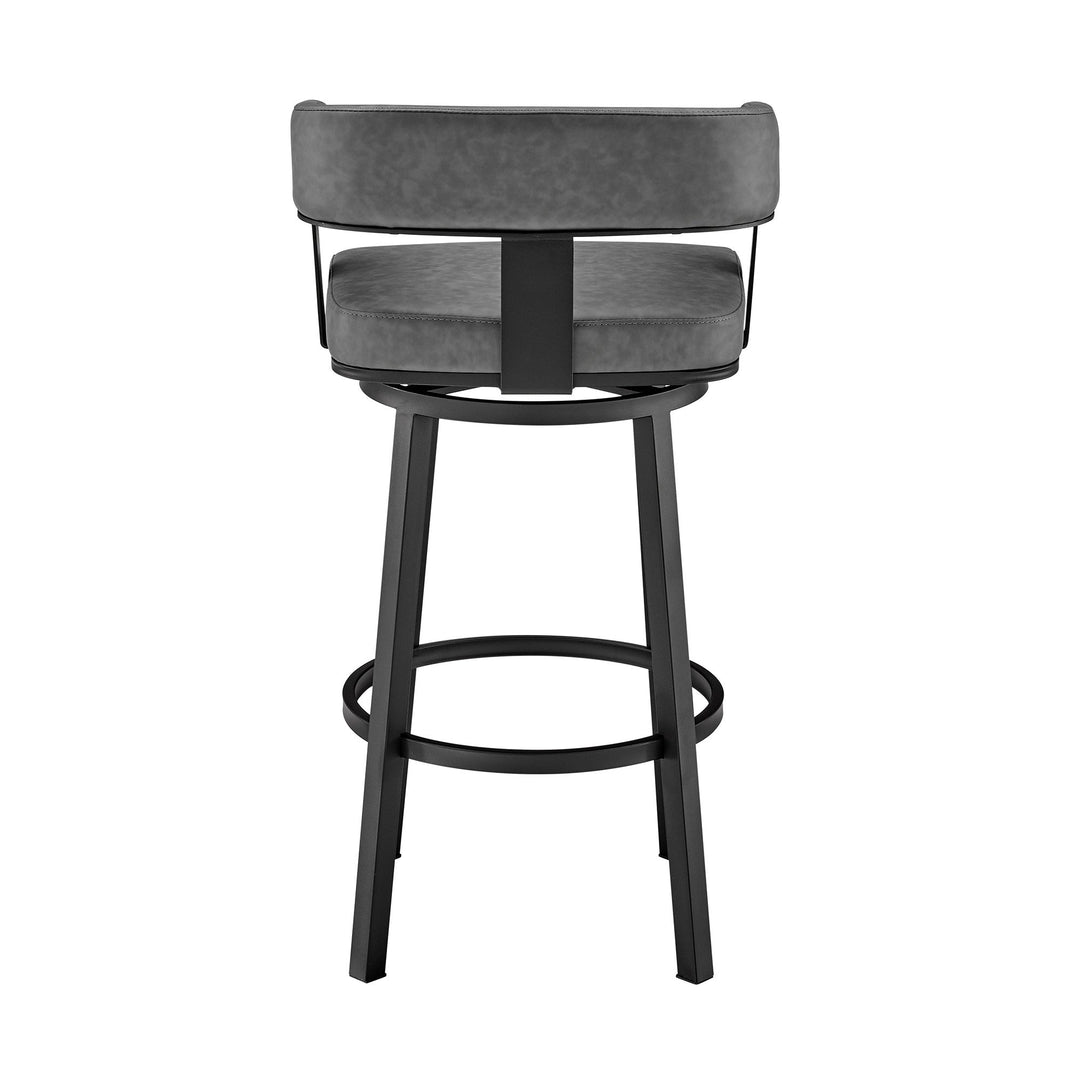 30" Gray And Black Faux Leather And Iron Swivel Low Back Bar Height Bar Chair Image 8