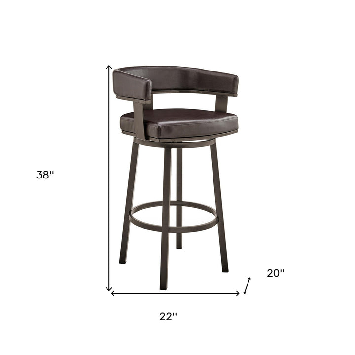 30" Chocolate And Gray Faux Leather And Iron Swivel Low Back Bar Height Bar Chair Image 11