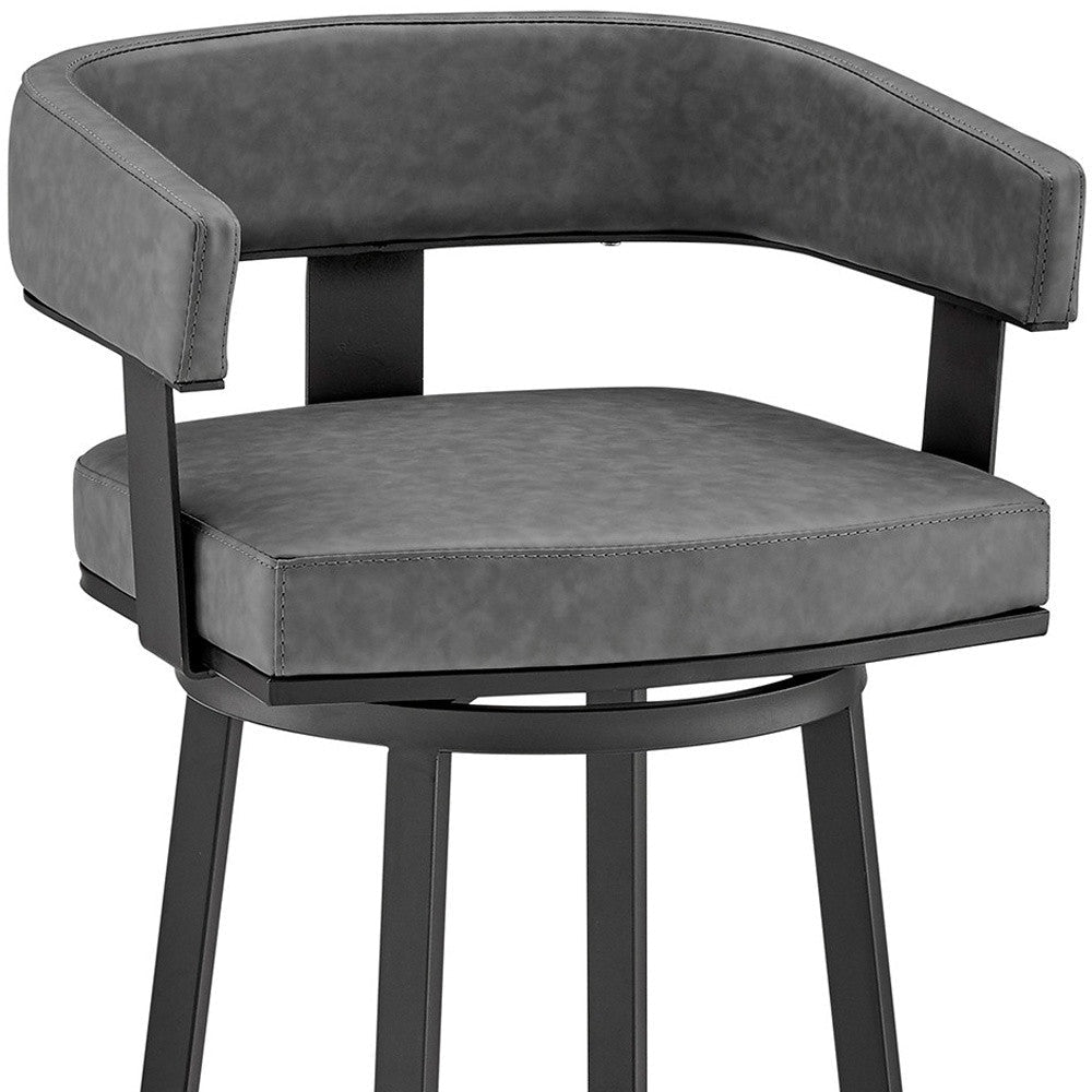 30" Gray And Black Faux Leather And Iron Swivel Low Back Bar Height Bar Chair Image 11