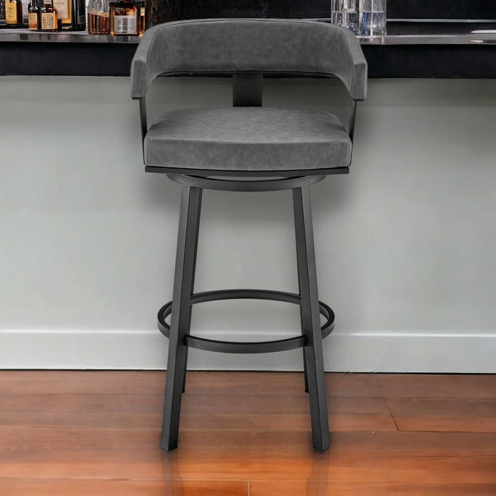 30" Gray And Black Faux Leather And Iron Swivel Low Back Bar Height Bar Chair Image 12