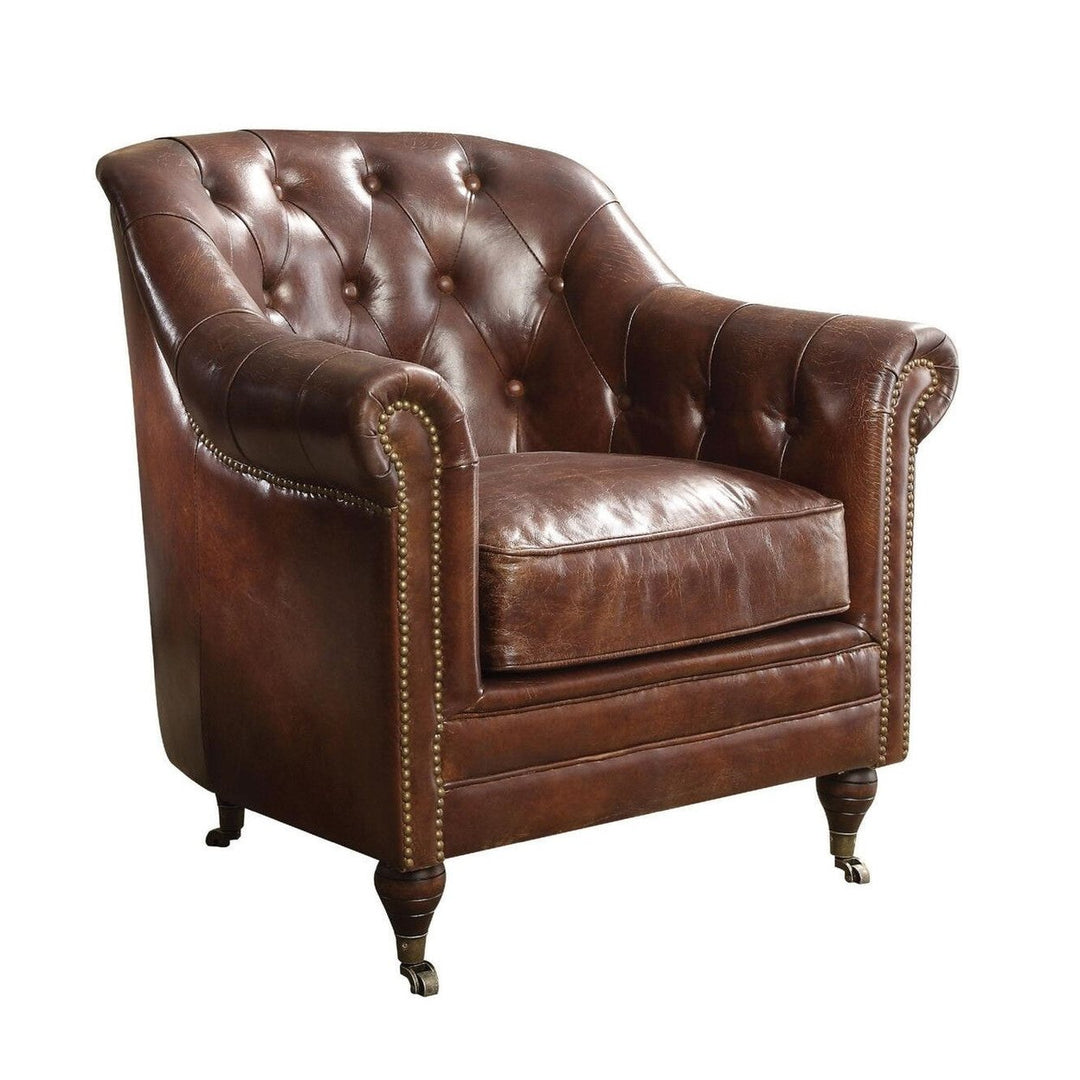 34" Top Grain Leather And Brown Tufted Chesterfield Chair Image 1