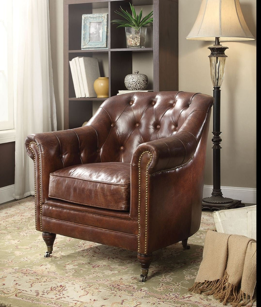 34" Top Grain Leather And Brown Tufted Chesterfield Chair Image 2