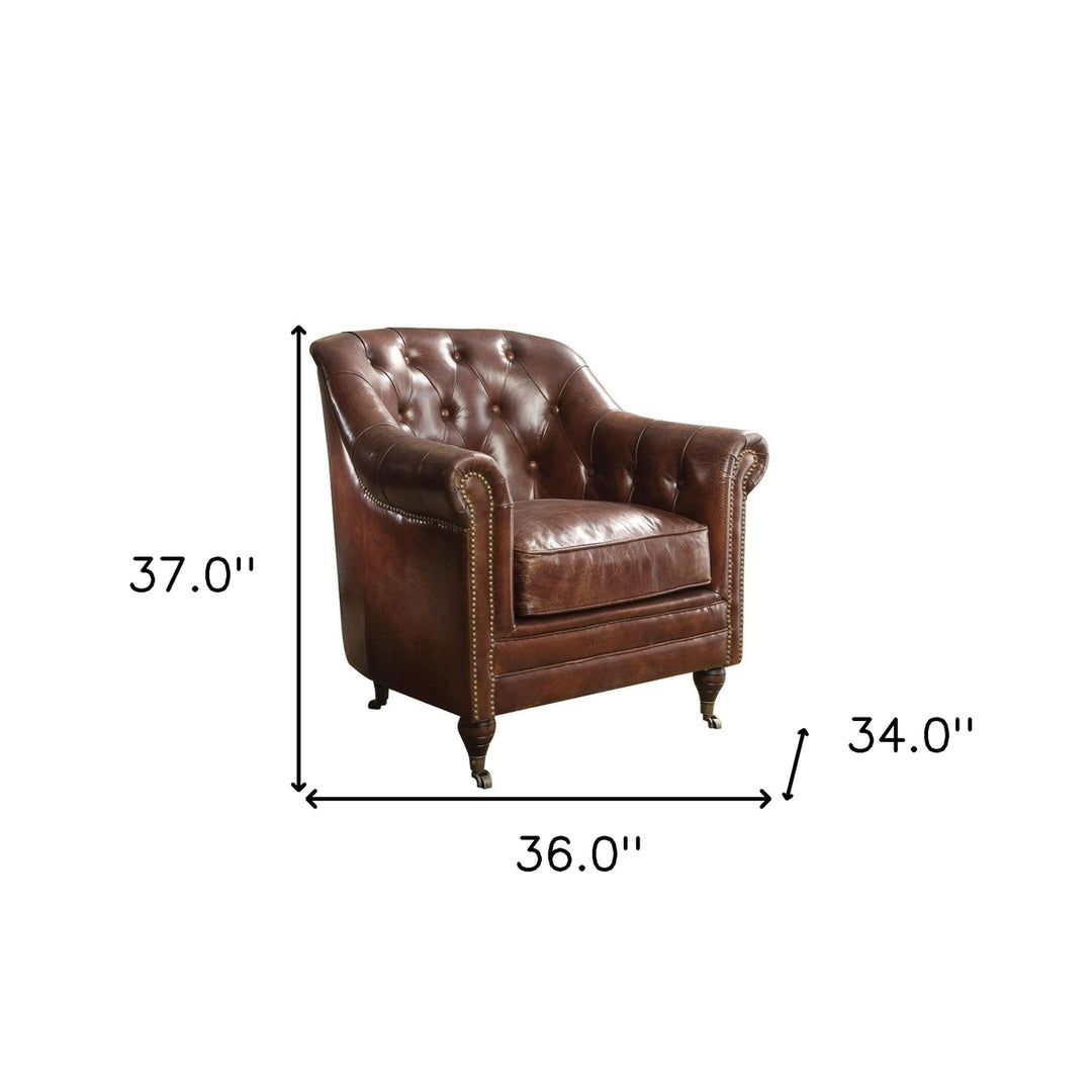 34" Top Grain Leather And Brown Tufted Chesterfield Chair Image 3