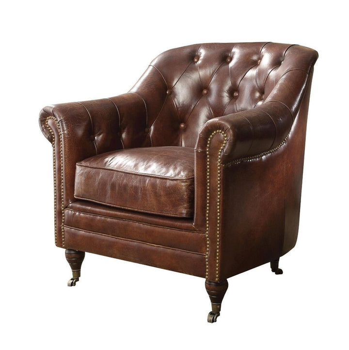 34" Top Grain Leather And Brown Tufted Chesterfield Chair Image 4