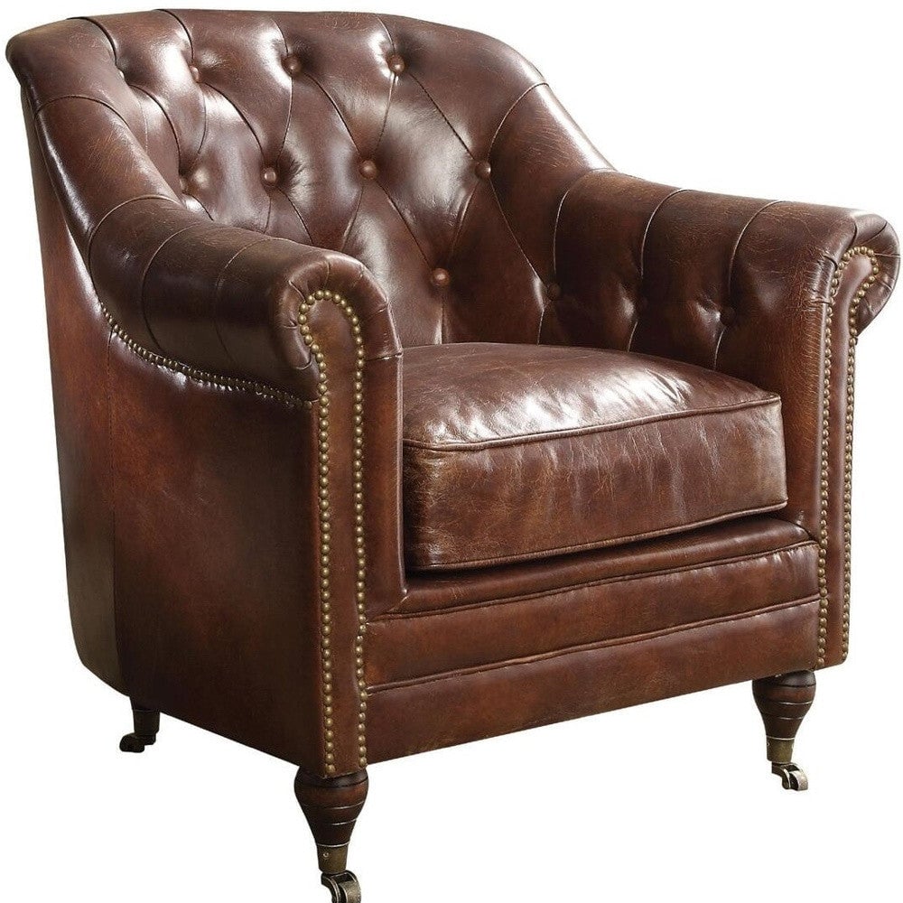 34" Top Grain Leather And Brown Tufted Chesterfield Chair Image 5