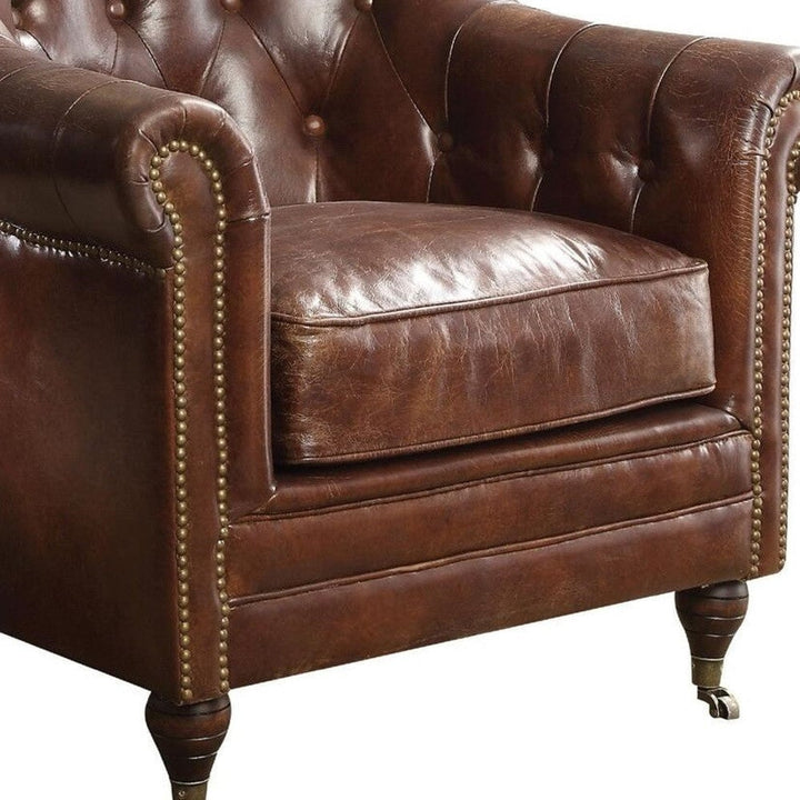 34" Top Grain Leather And Brown Tufted Chesterfield Chair Image 6