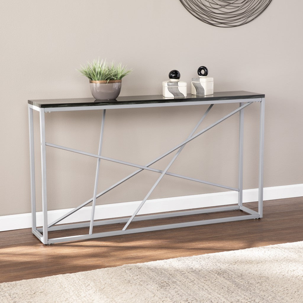 52" Black and Silver Faux Stone Frame Console Table Image 1