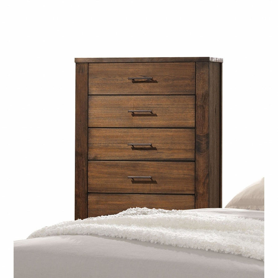 48" Oak Finish 5 Drawer Chest Dresser With Brass Metal Hardware Image 1