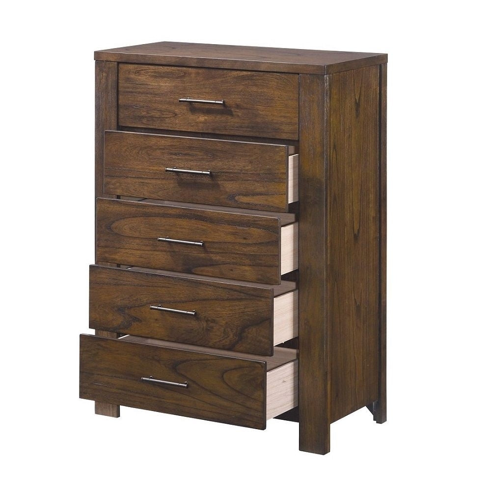 48" Oak Finish 5 Drawer Chest Dresser With Brass Metal Hardware Image 4