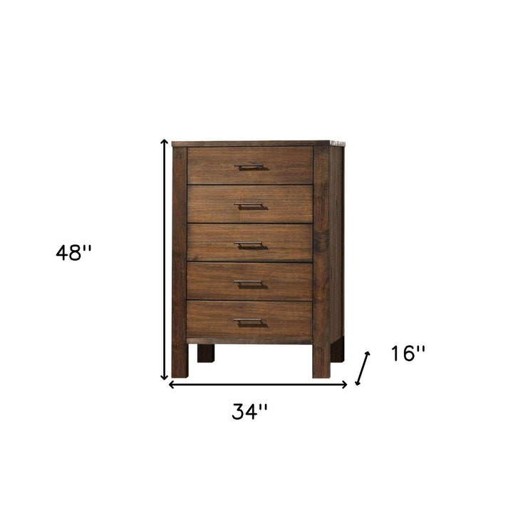 48" Oak Finish 5 Drawer Chest Dresser With Brass Metal Hardware Image 6