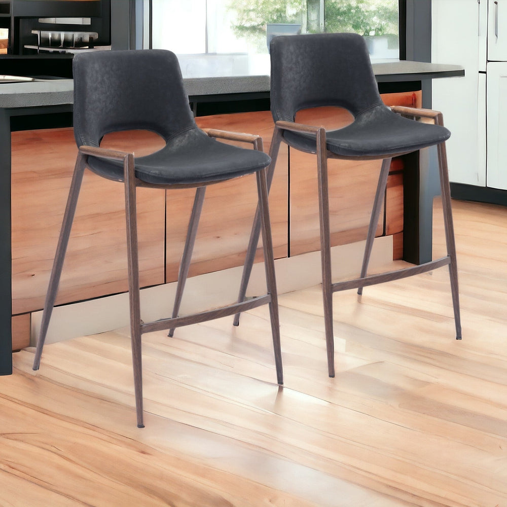 Set of Two 26" Black And Brown Steel Low Back Counter Height Bar Chairs Image 2