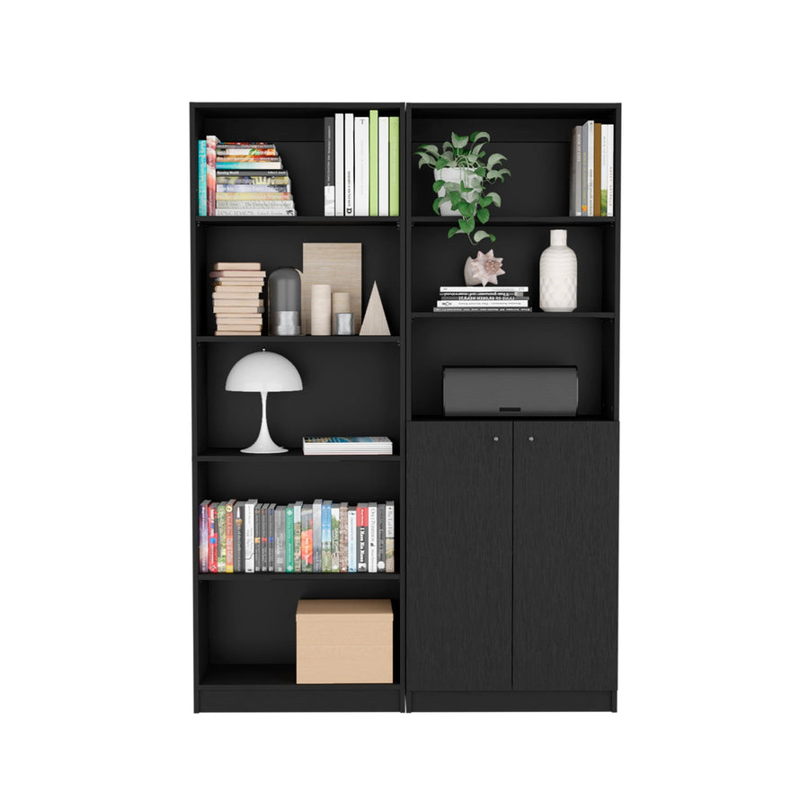 Set of Two 71" Black Five Tier Bookcase With Two Doors Image 1