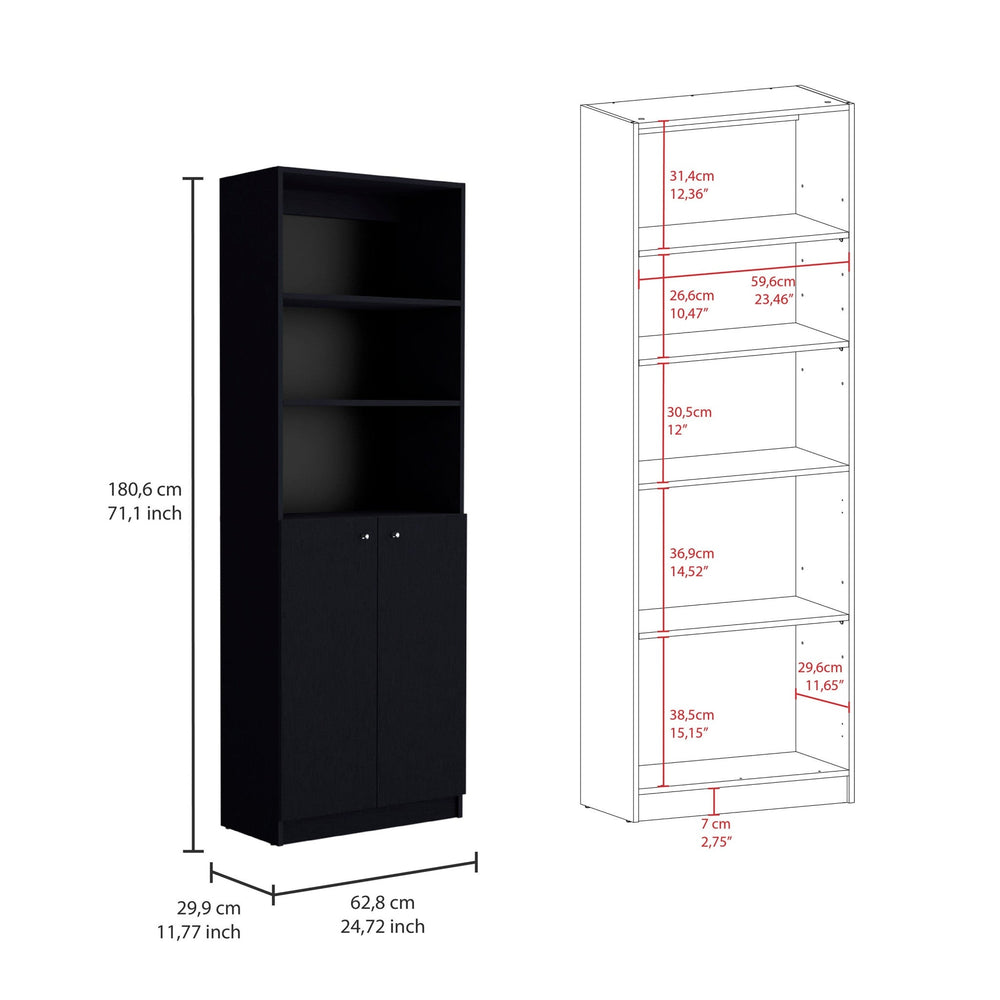 Set of Two 71" Black Five Tier Bookcase With Two Doors Image 2
