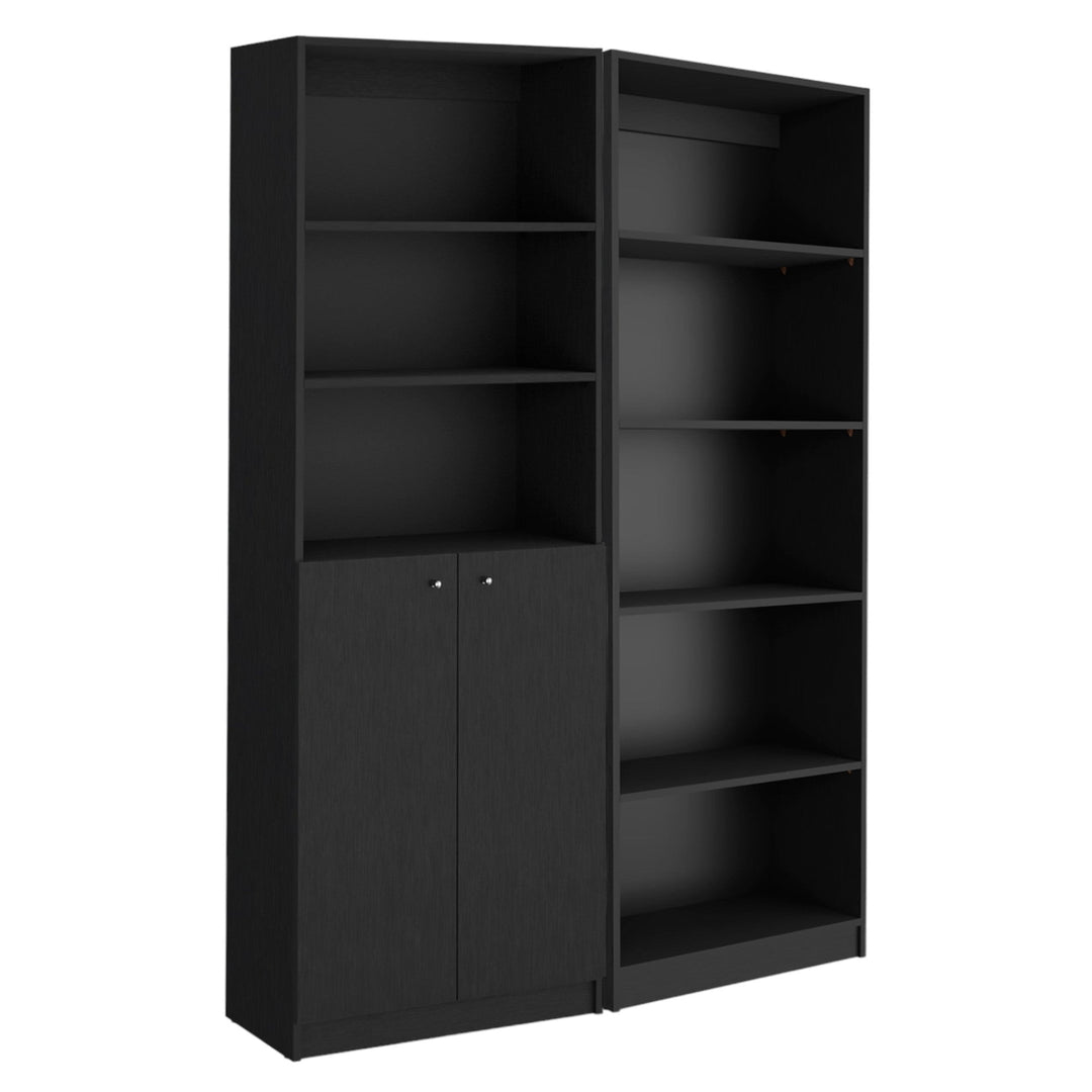Set of Two 71" Black Five Tier Bookcase With Two Doors Image 10
