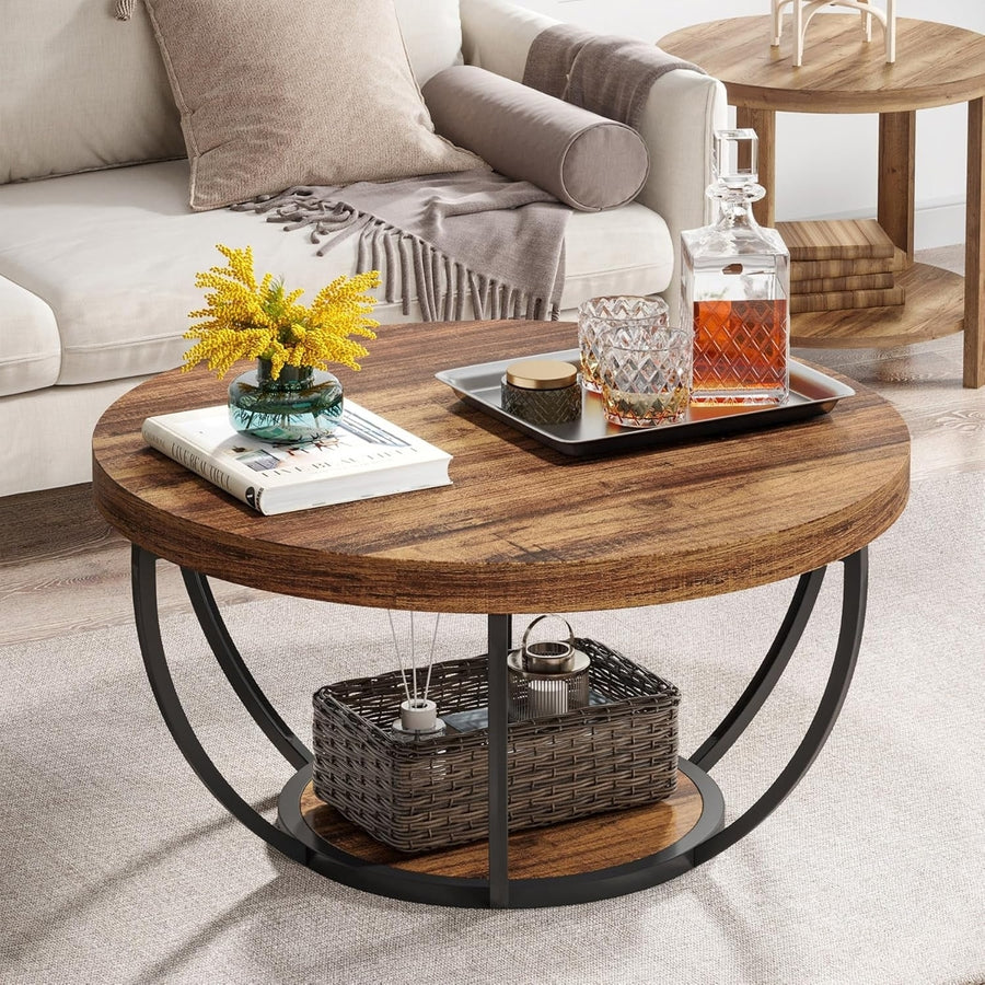 Tribesigns Industrial Round Coffee Table 31.5 Inch Modern Wooden 2-Tier Storage Image 1