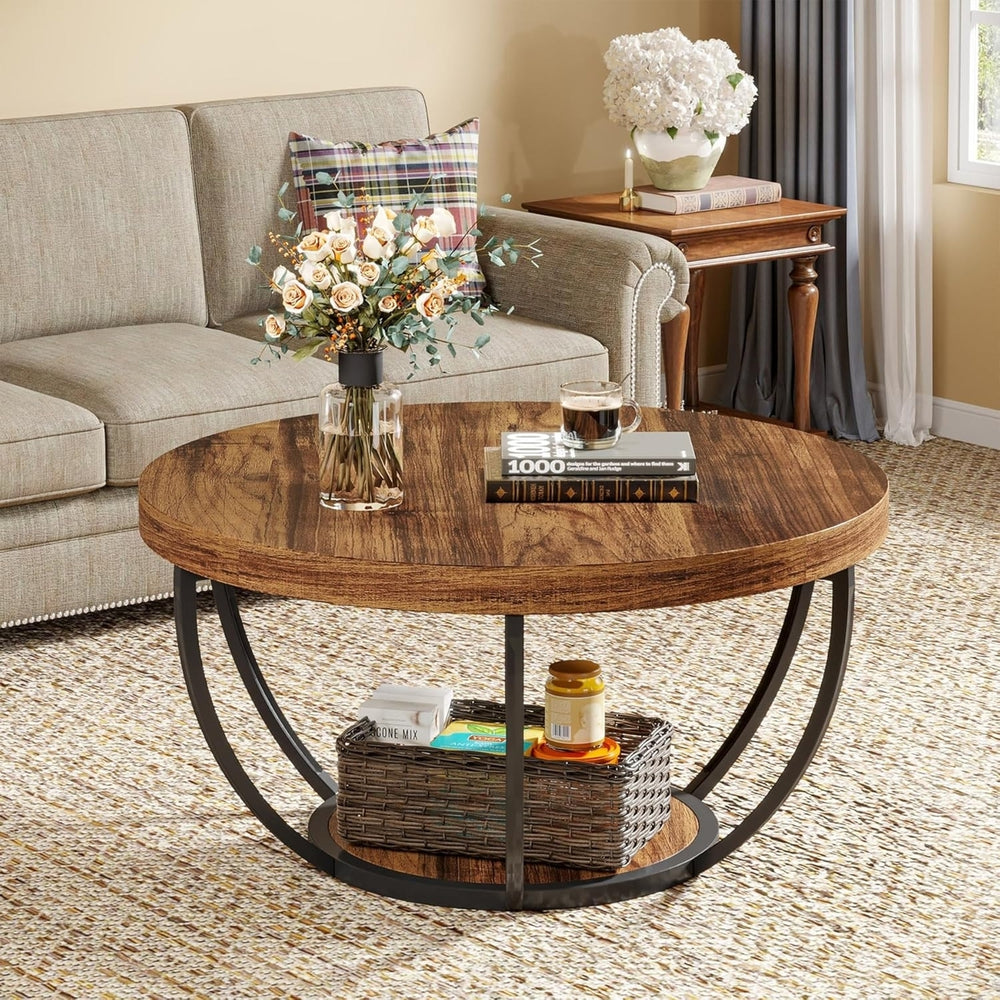 Tribesigns Industrial Round Coffee Table 31.5 Inch Modern Wooden 2-Tier Storage Image 2