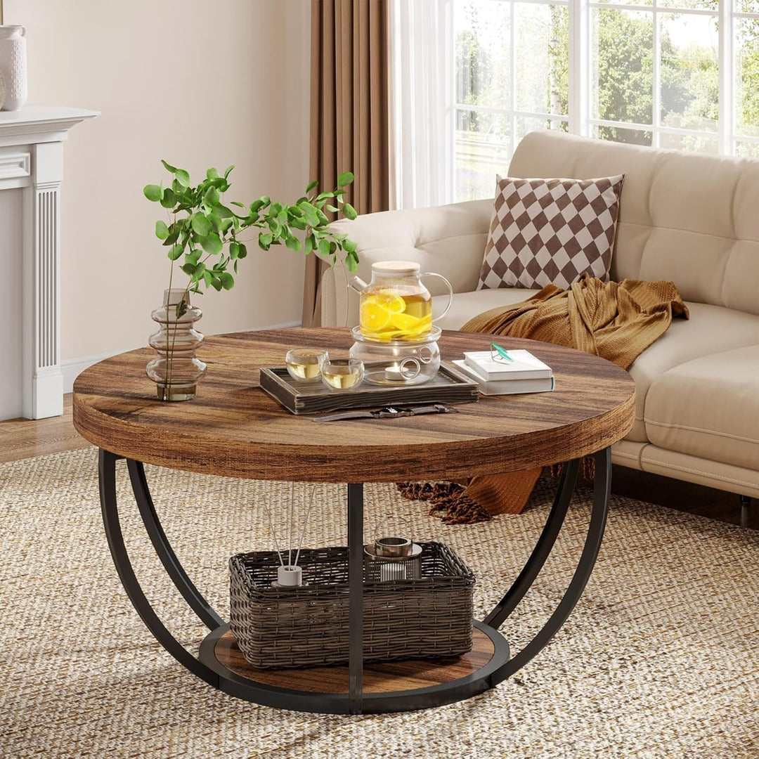 Tribesigns Industrial Round Coffee Table 31.5 Inch Modern Wooden 2-Tier Storage Image 3