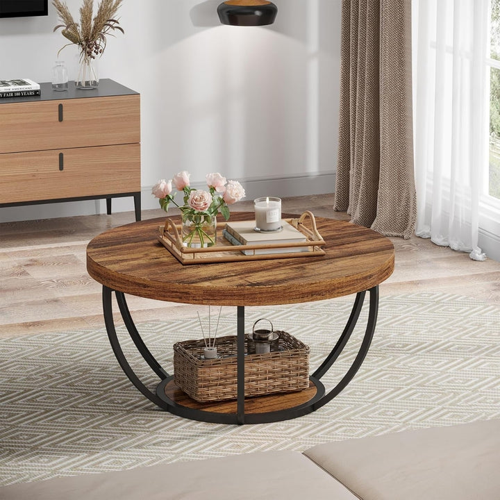 Tribesigns Industrial Round Coffee Table 31.5 Inch Modern Wooden 2-Tier Storage Image 4