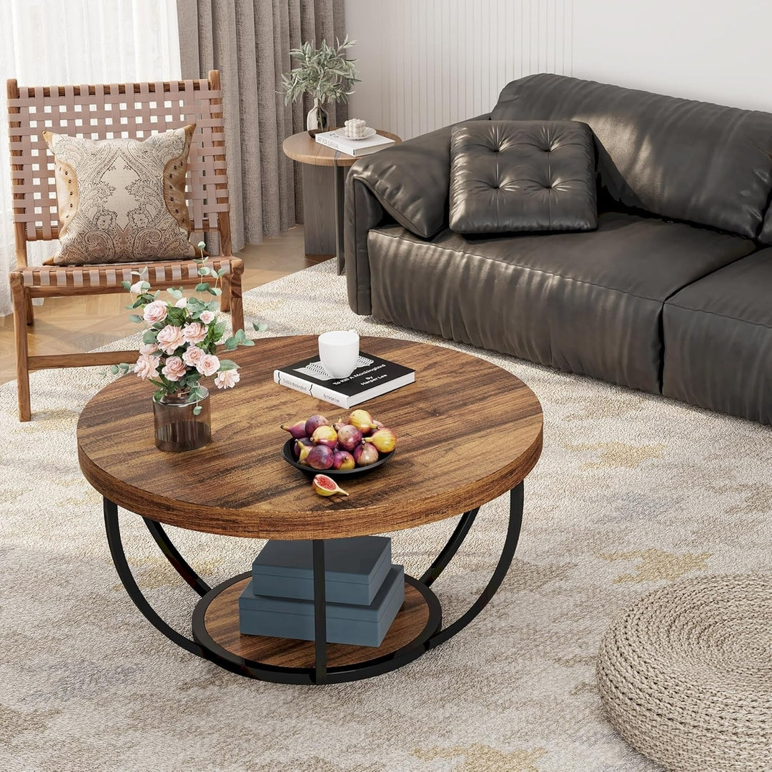 Tribesigns Industrial Round Coffee Table 31.5 Inch Modern Wooden 2-Tier Storage Image 5