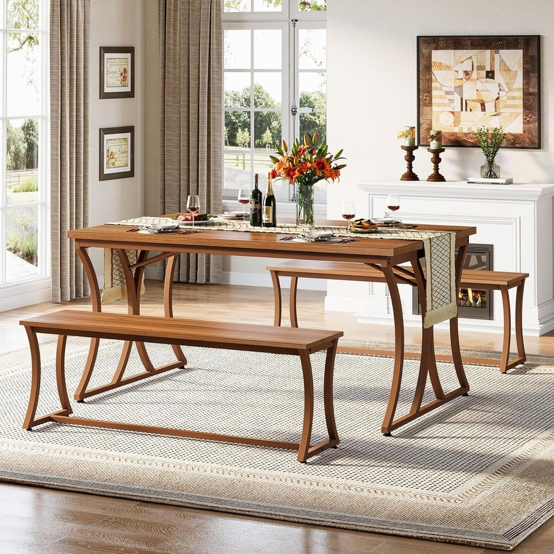 Tribesigns 4-Piece Dining Table Set for 4-6, Farmhouse Kitchen Table Set with 2 Benches and Table Runner, 51-Inch Image 3