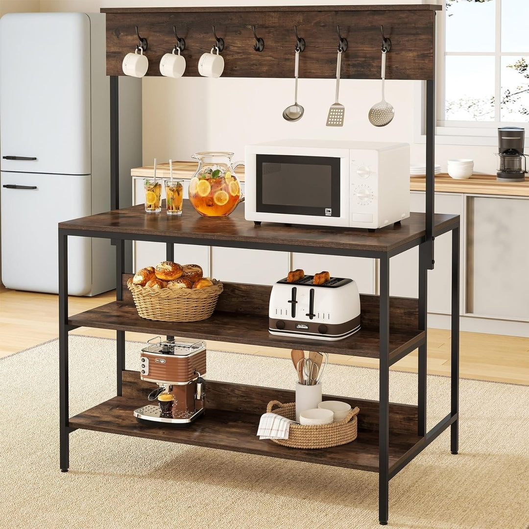 Tribesigns Kitchen Island Brown Industrial Table with 3 Shelves and Hanging Rod Image 1